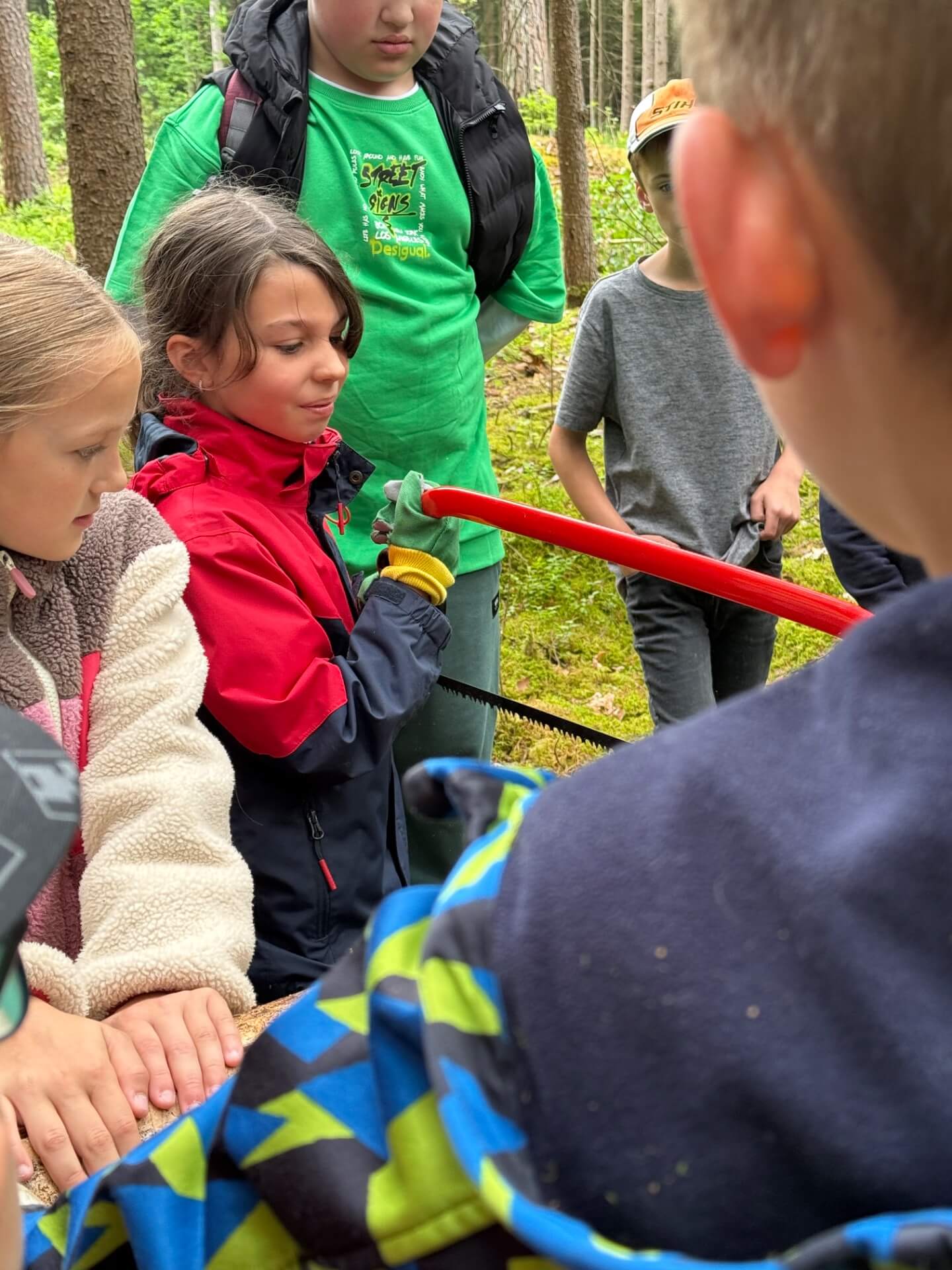 Mädchen sägt Baumstamm durch